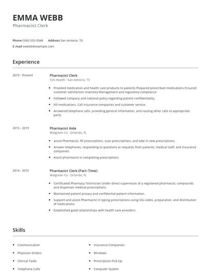 Pharmacist Clerk Resume
