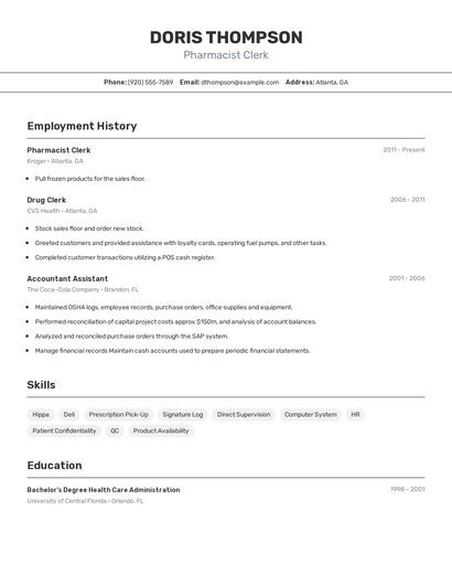 Pharmacist Clerk Resume
