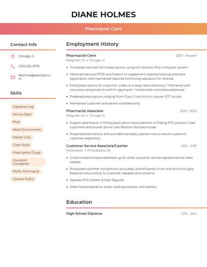 Pharmacist Clerk Resume