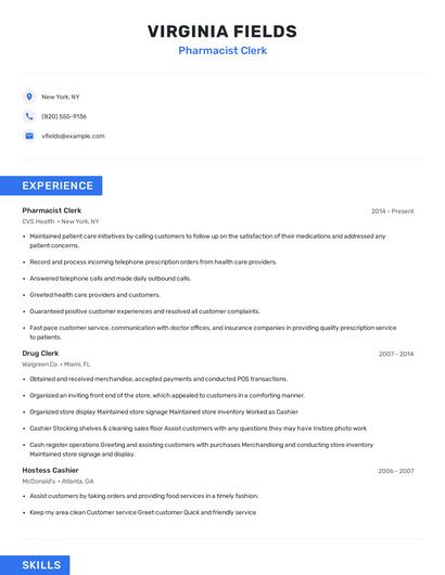 Pharmacist Clerk Resume