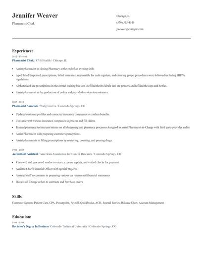 Pharmacist Clerk Resume