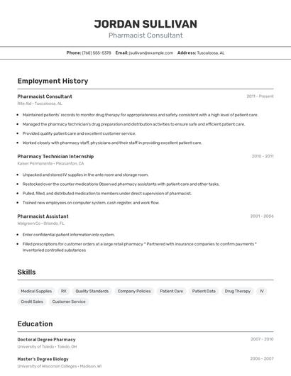 Pharmacist Consultant Resume