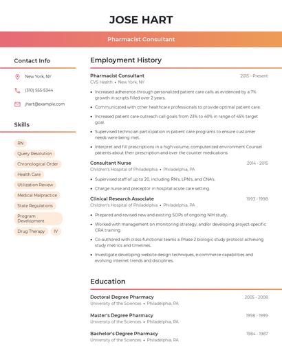 Pharmacist Consultant Resume