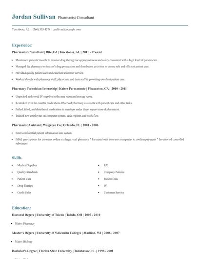 Pharmacist Consultant Resume
