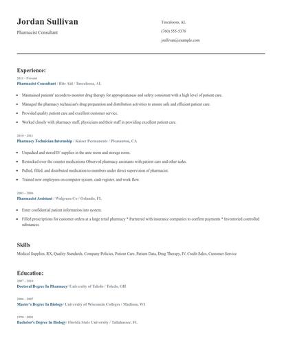 Pharmacist Consultant Resume