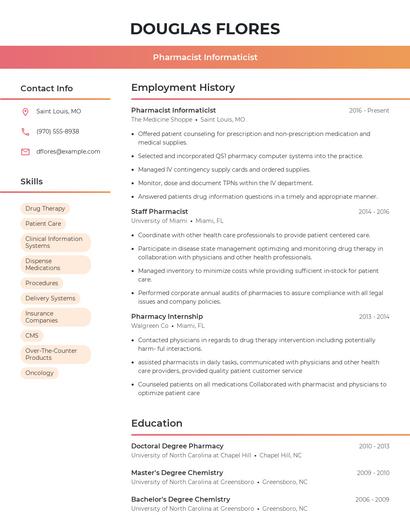 Pharmacist Informaticist Resume