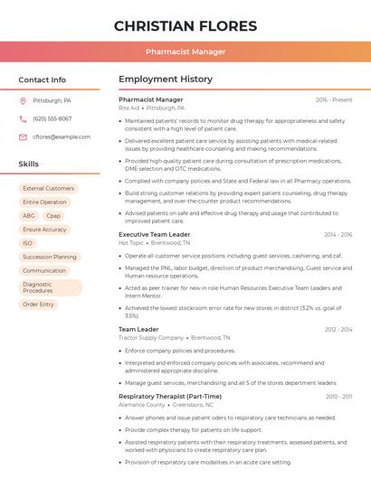 Pharmacist Manager Resume
