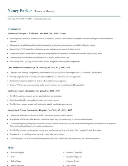Pharmacist Manager Resume