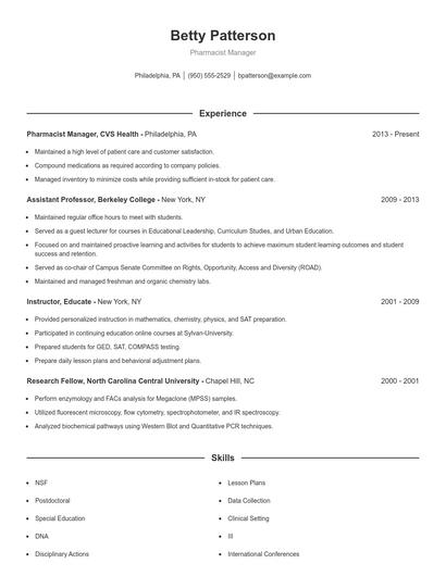 Pharmacist Manager Resume