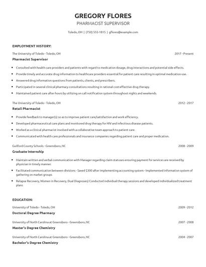 Pharmacist Supervisor Resume