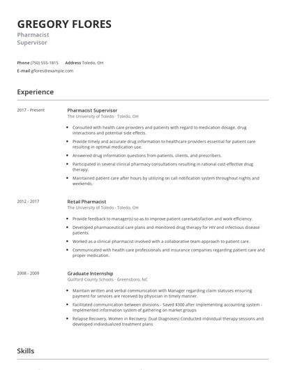 Pharmacist Supervisor Resume