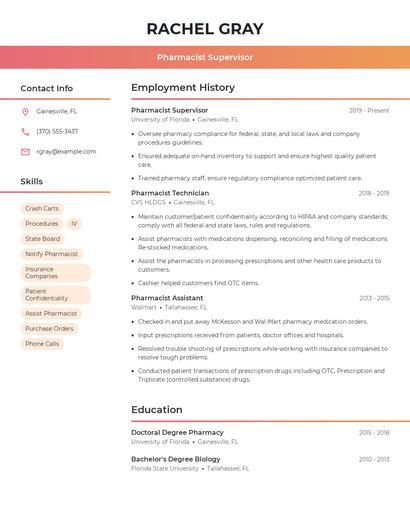 Pharmacist Supervisor Resume
