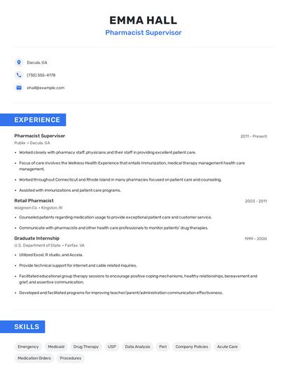 Pharmacist Supervisor Resume