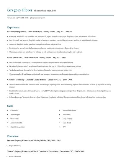 Pharmacist Supervisor Resume