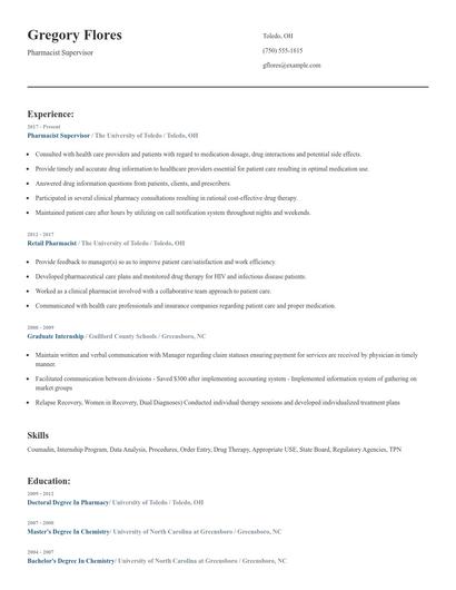 Pharmacist Supervisor Resume