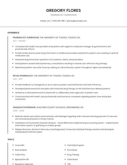 Pharmacist Supervisor Resume