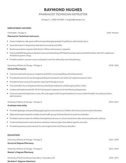 Pharmacist Technician Instructor Resume