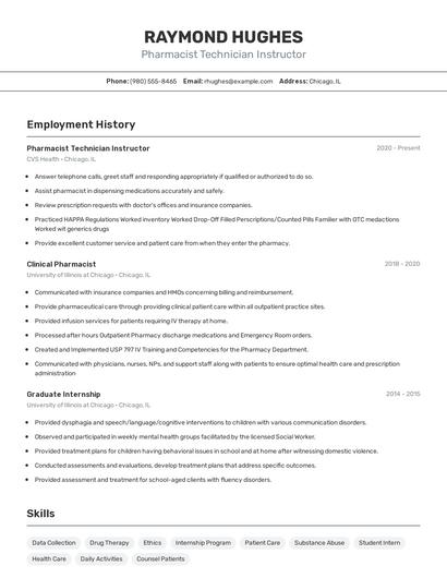 Pharmacist Technician Instructor Resume