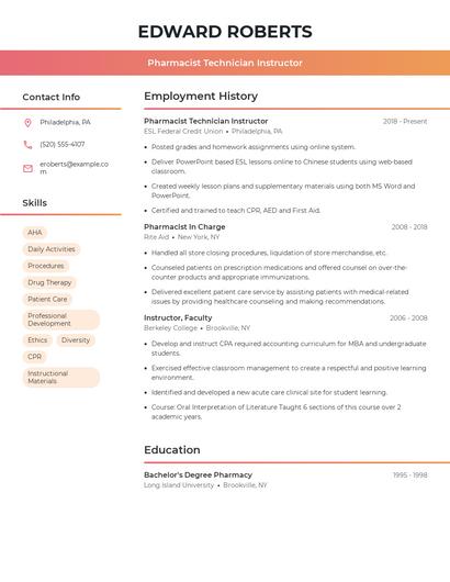 Pharmacist Technician Instructor Resume
