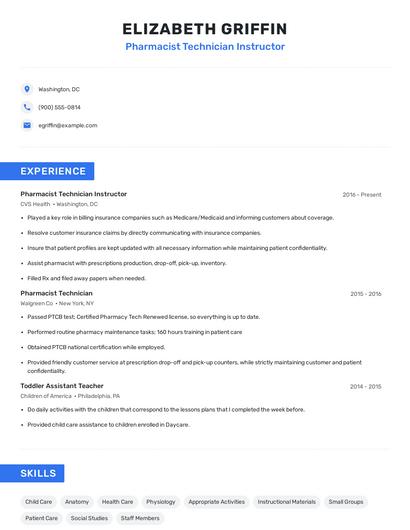 Pharmacist Technician Instructor Resume