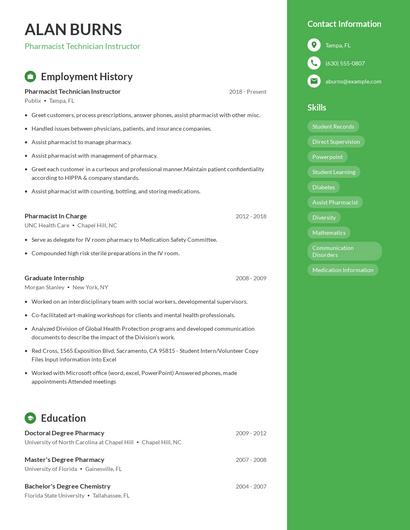 Pharmacist Technician Instructor Resume