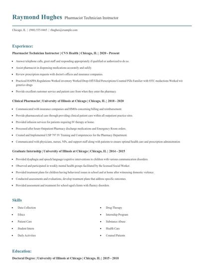 Pharmacist Technician Instructor Resume