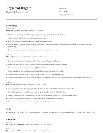 Pharmacist Technician Instructor Resume