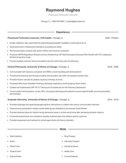 Pharmacist Technician Instructor Resume