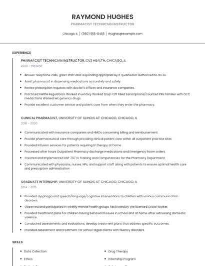 Pharmacist Technician Instructor Resume