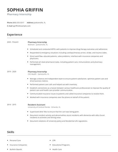 Pharmacy Internship Resume