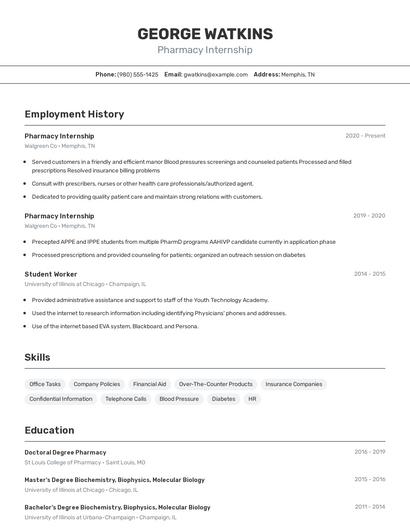 Pharmacy Internship Resume