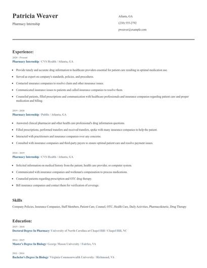 Pharmacy Internship Resume