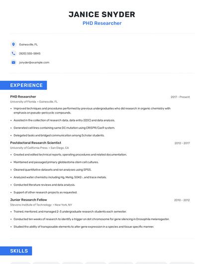 PHD Researcher Resume