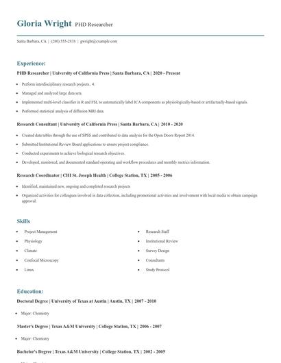 PHD Researcher Resume