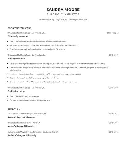 Philosophy Instructor Resume