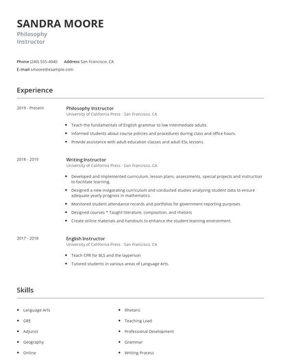 Philosophy Instructor Resume