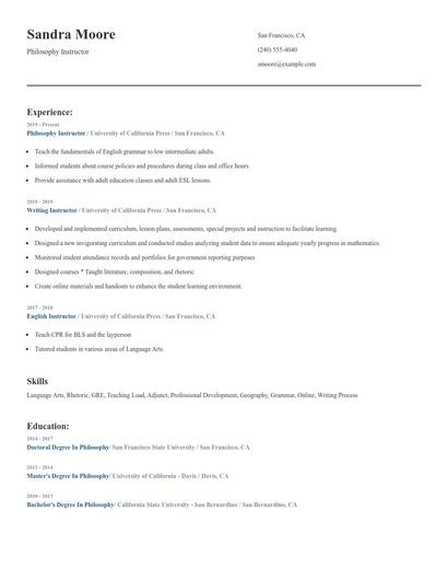 Philosophy Instructor Resume