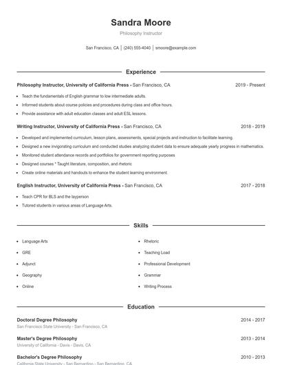 Philosophy Instructor Resume