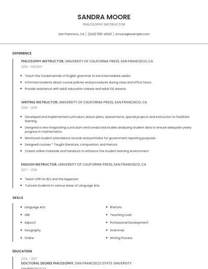 Philosophy Instructor Resume
