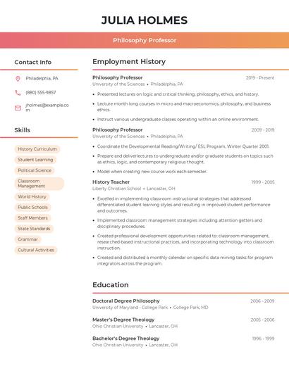 Philosophy Professor Resume