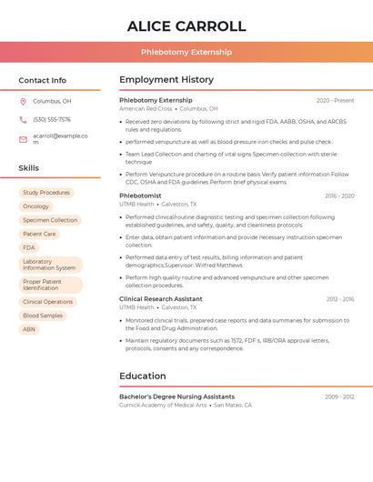 Phlebotomy Externship Resume