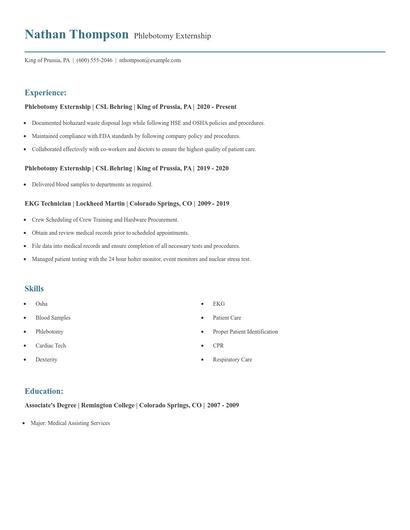 Phlebotomy Externship Resume