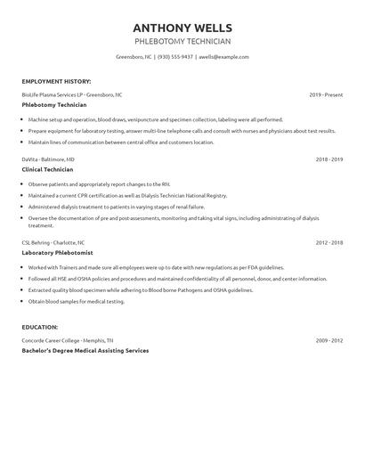 Phlebotomy Technician Resume