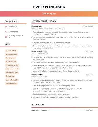 Phone Agent Resume