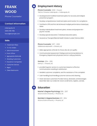 Phone Counselor Resume