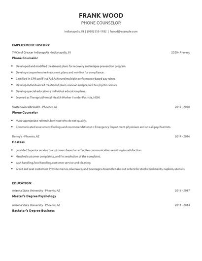 Phone Counselor Resume