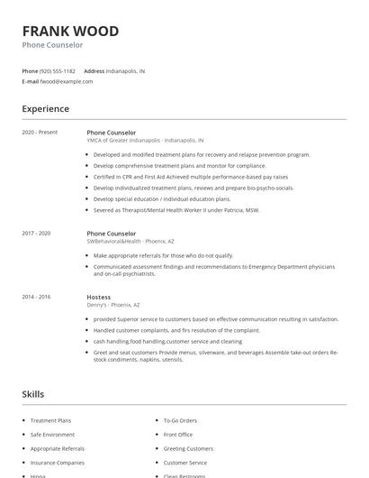 Phone Counselor Resume
