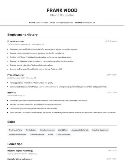 Phone Counselor Resume