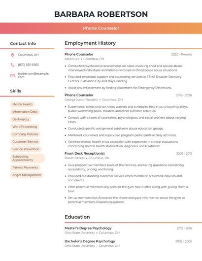 Phone Counselor Resume