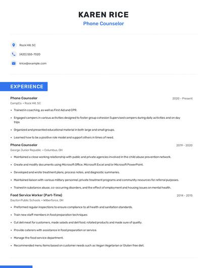 Phone Counselor Resume